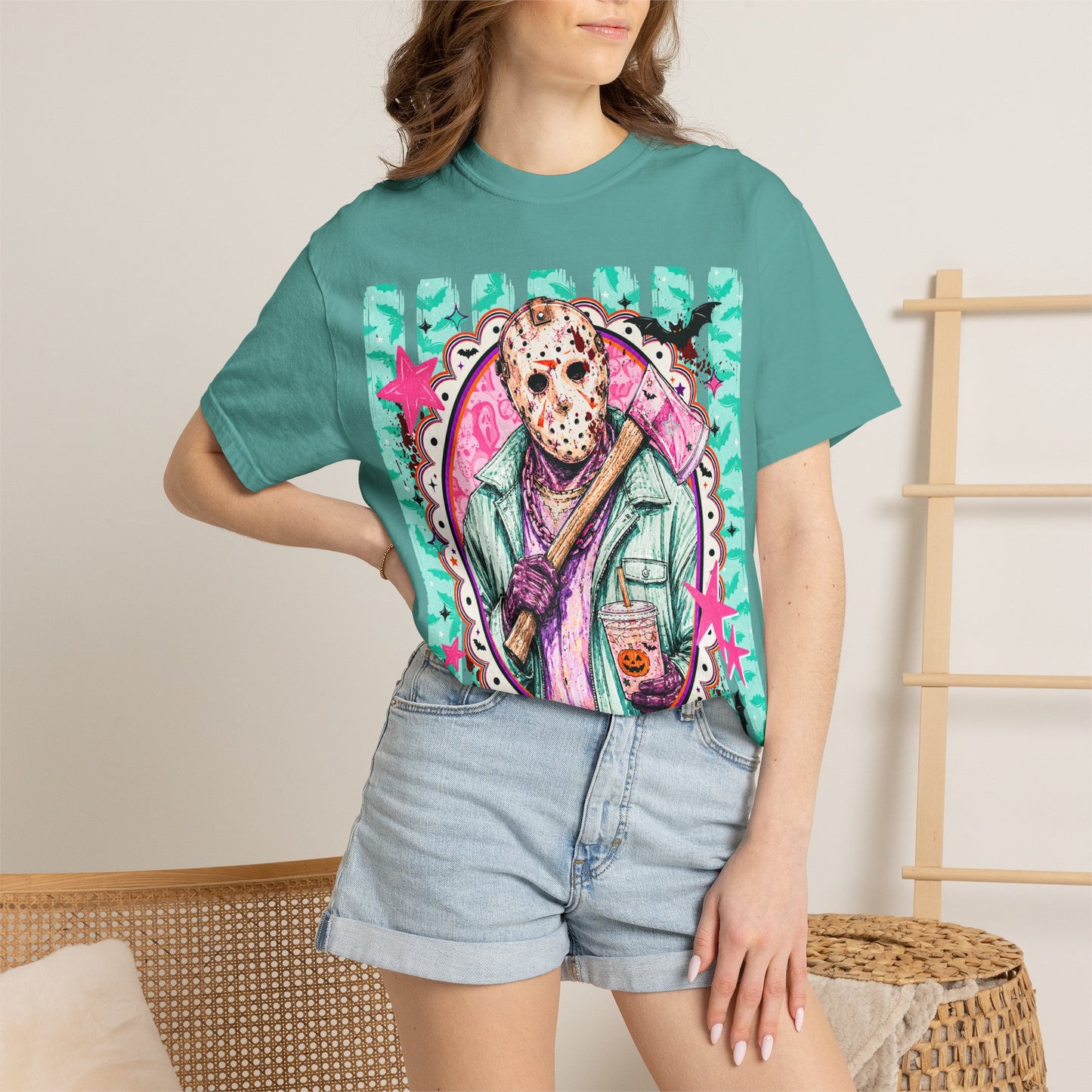 Hockey Mask Horror Graphic T-Shirt — Retro Pastel Jason Design