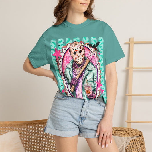 Hockey Mask Horror Graphic T-Shirt — Retro Pastel Jason Design