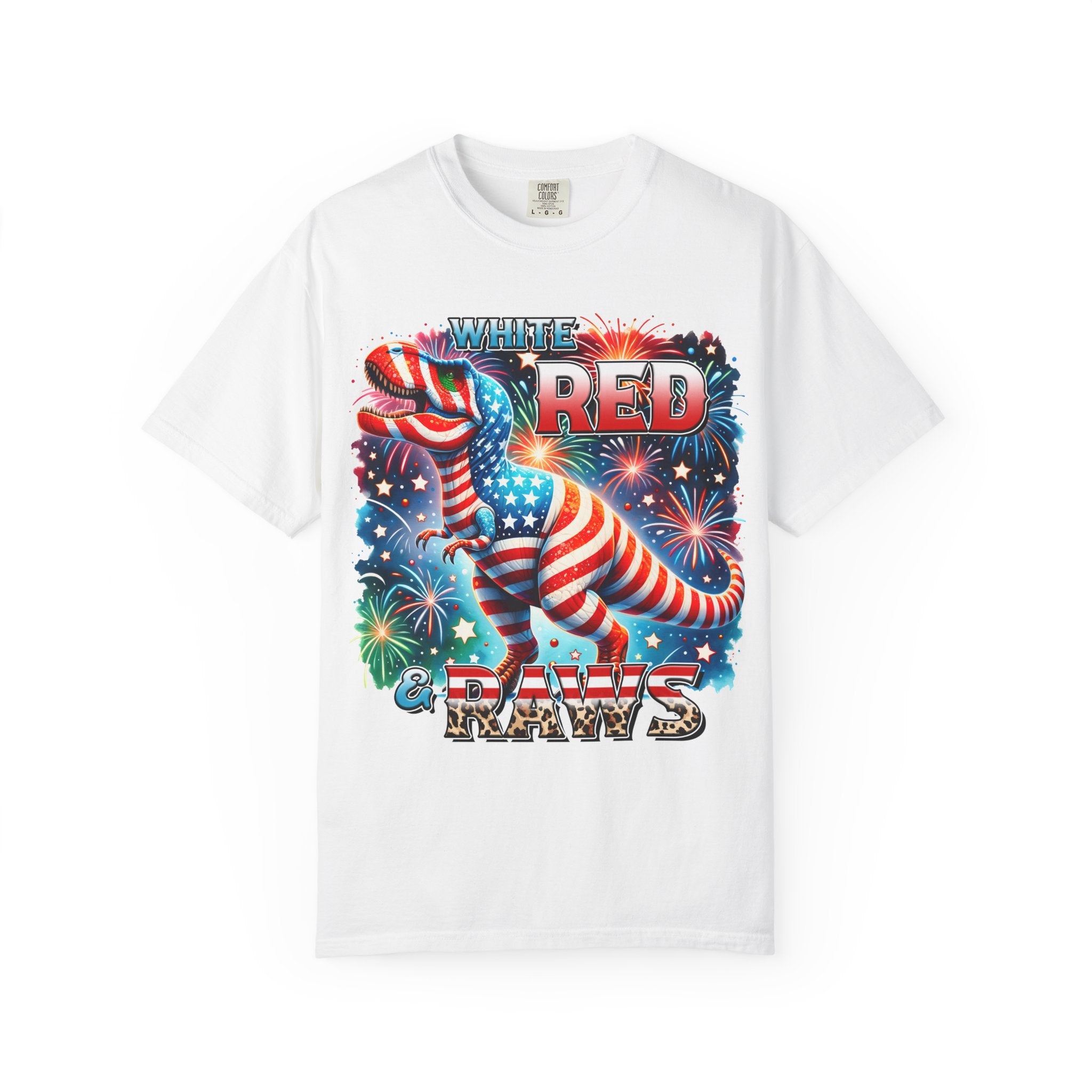 T-Shirt — "White, Red & Raws" Patriotic USA Dinosaur Fireworks Tee
