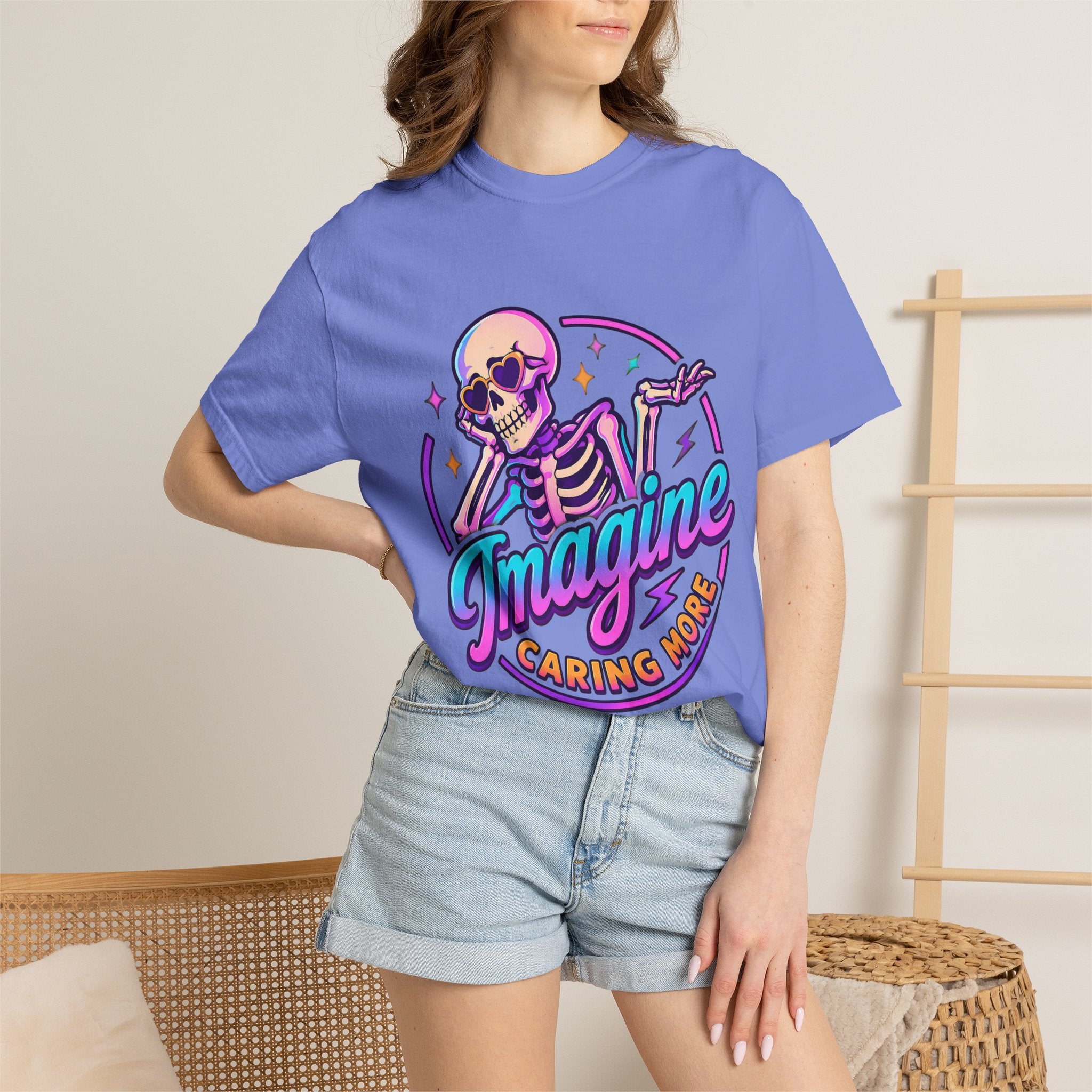 Imagine Caring More T-Shirt — Retro Neon Skeleton Graphic Tee