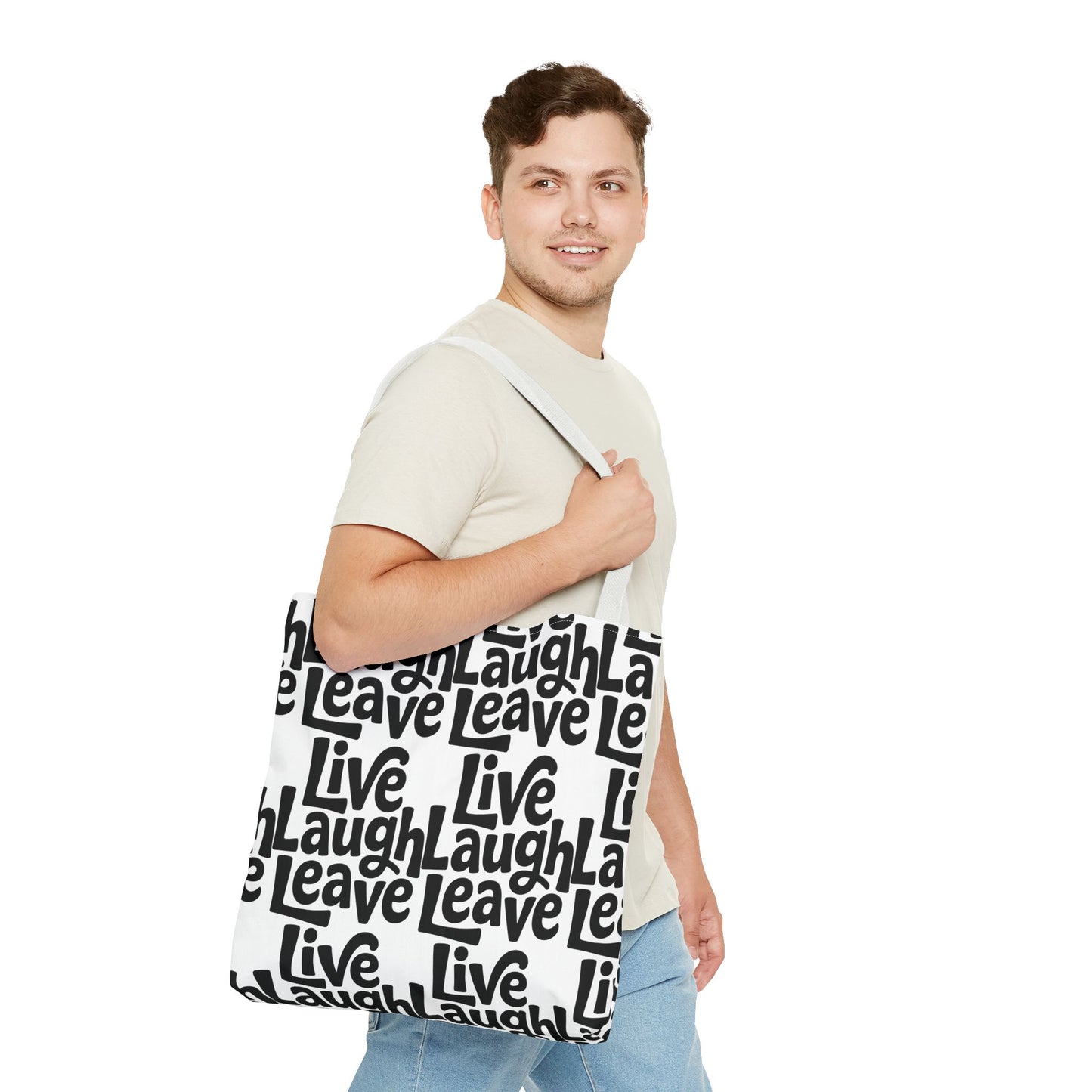 Live Laugh Leave Pattern Tote Bag – Black & White Motivational All-Over Print