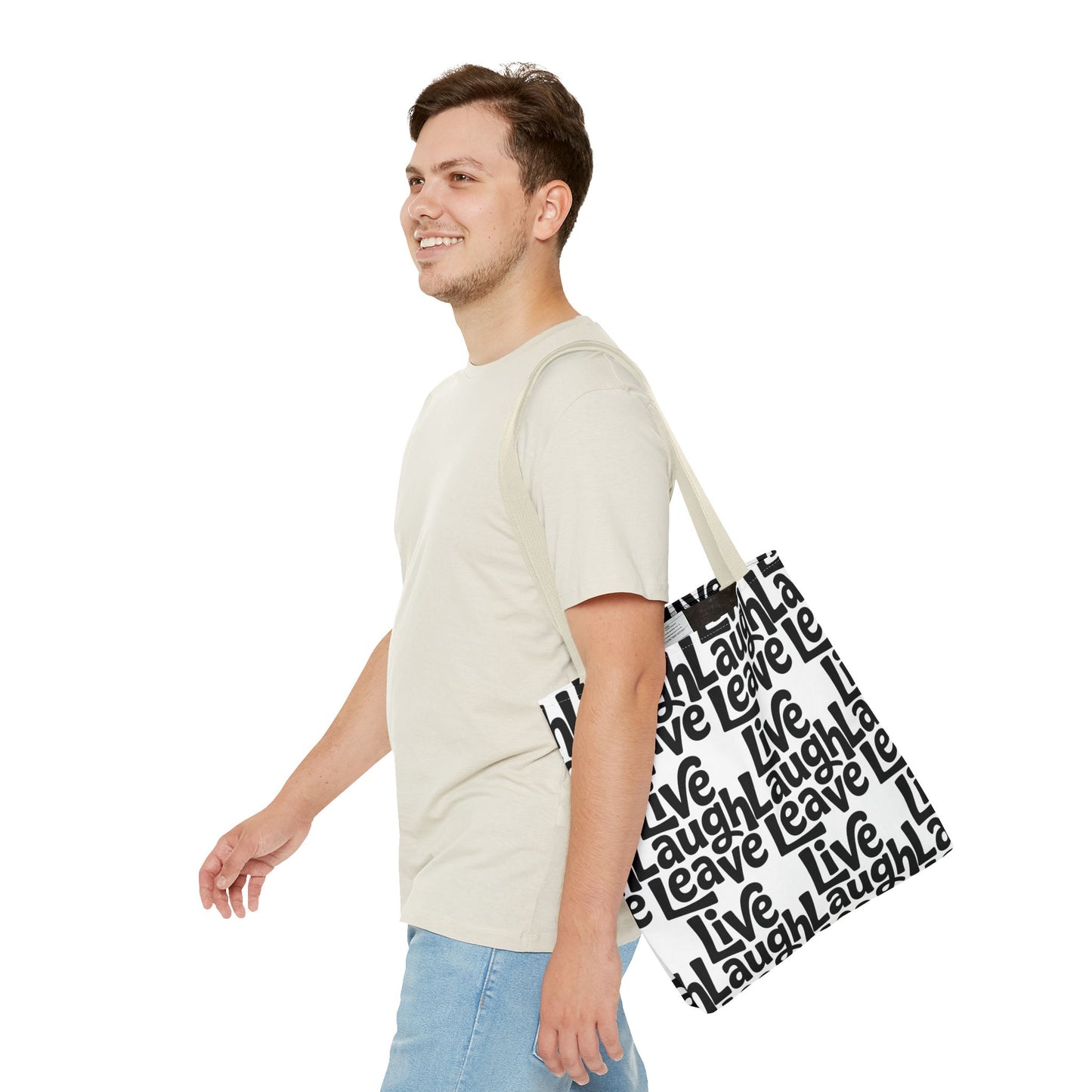 Live Laugh Leave Pattern Tote Bag – Black & White Motivational All-Over Print
