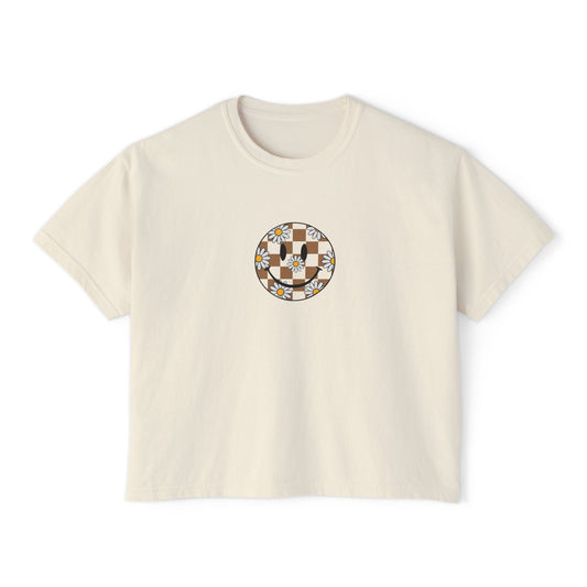 Floral Checkerboard Crop Tee — Women's Boxy Graphic Shirt