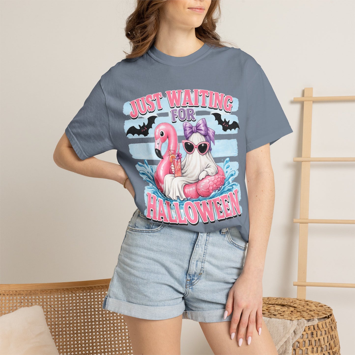 Halloween Flamingo T-Shirt — "Just Waiting for Halloween" Cute Spooky Summer Vibe