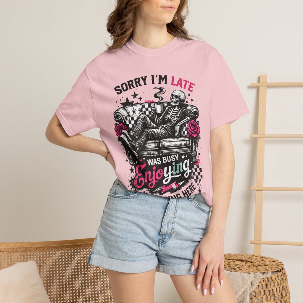 Skeleton "Sorry I’m Late" T-Shirt — Relaxed Skull Graphic Tee