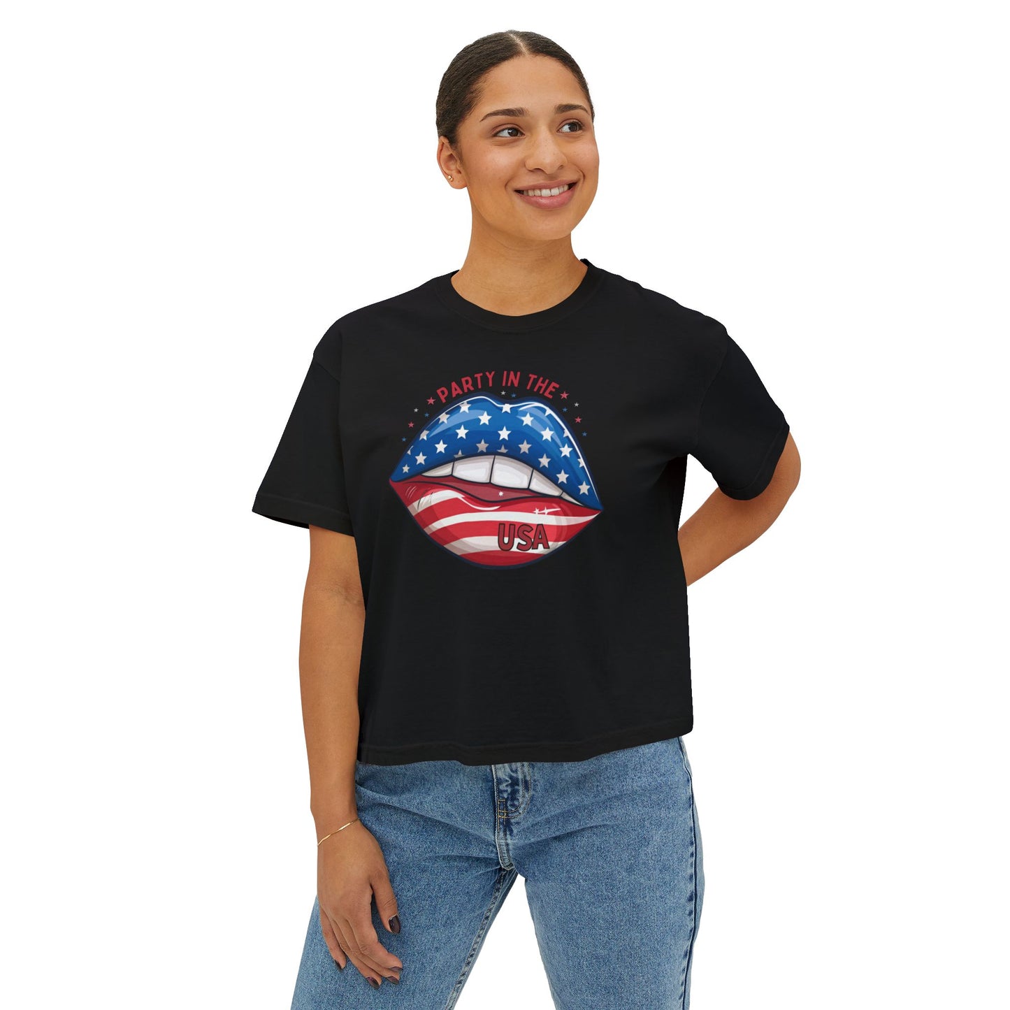 Patriotic Flag Lips Boxy Tee — "Party in the USA" 4th of July Shirt