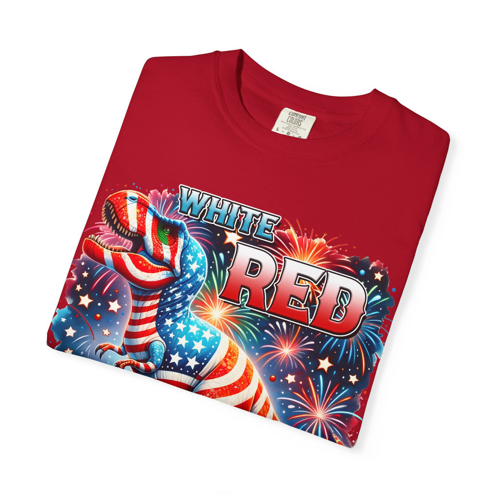T-Shirt — "White, Red & Raws" Patriotic USA Dinosaur Fireworks Tee