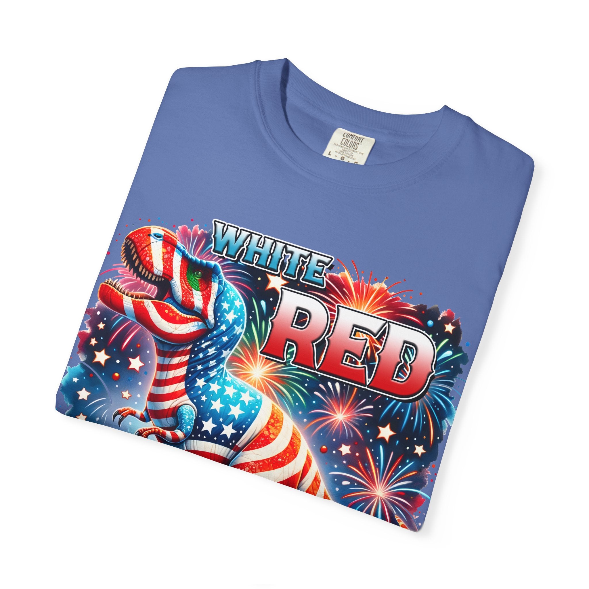 T-Shirt — "White, Red & Raws" Patriotic USA Dinosaur Fireworks Tee