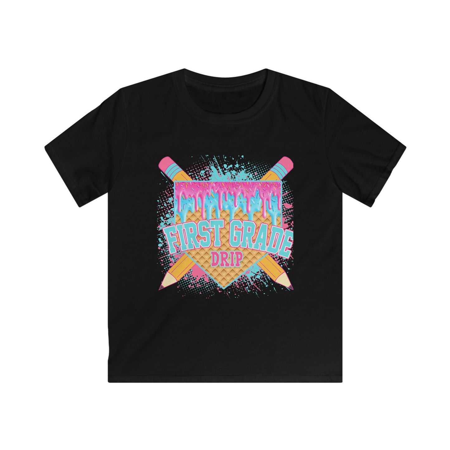First Grade Drip Kids T-Shirt – Colorful Back-to-School Pencil Design