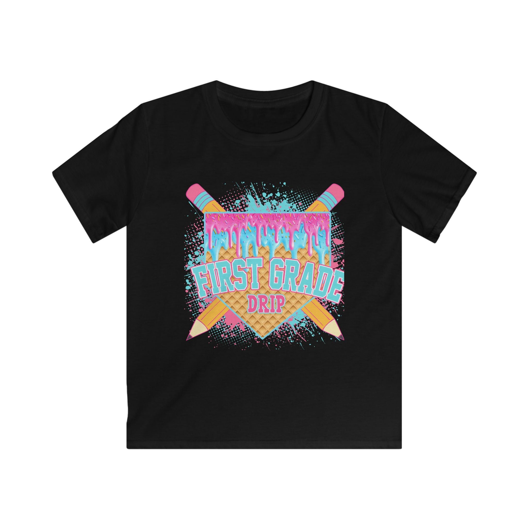 First Grade Drip Kids T-Shirt – Colorful Back-to-School Pencil Design