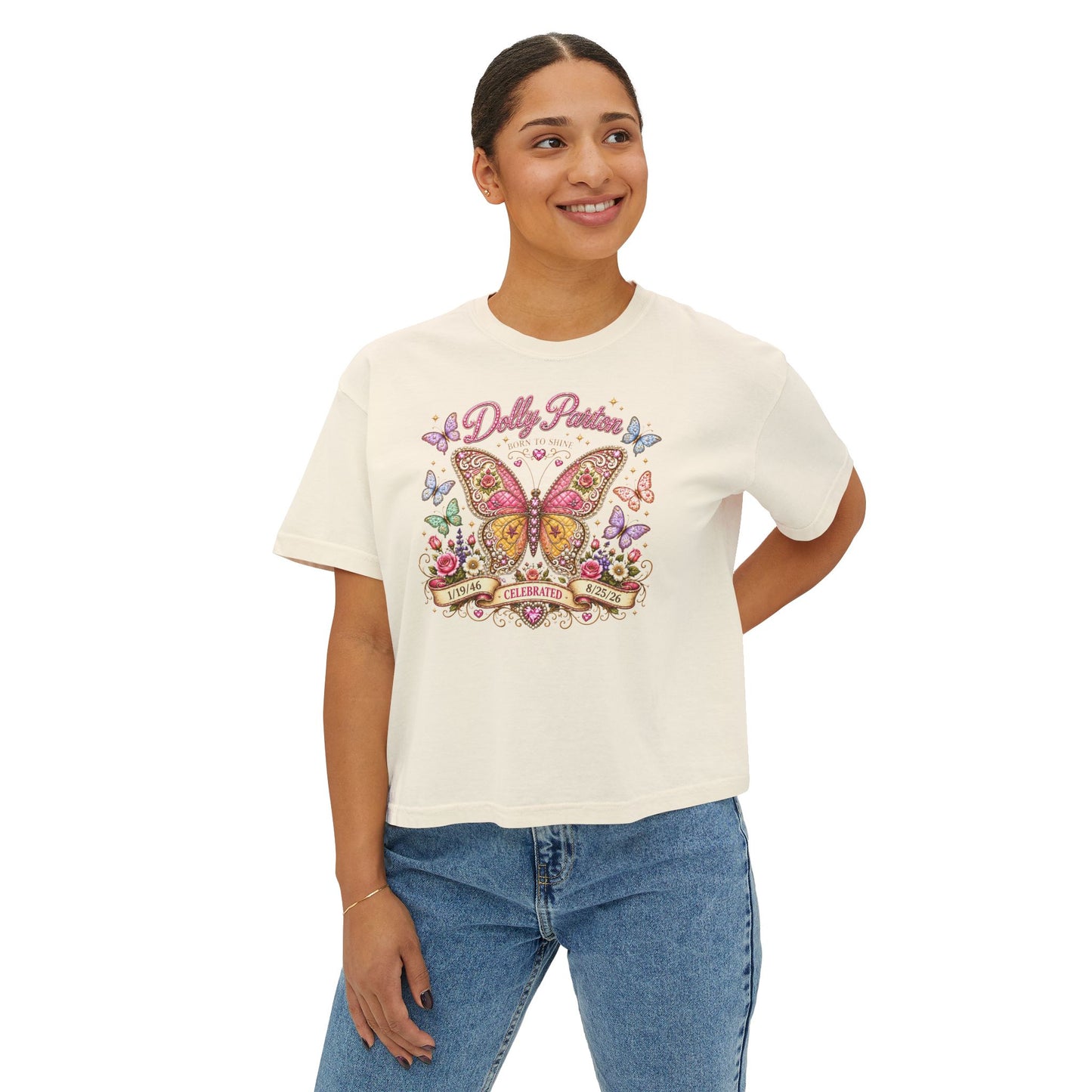 Butterfly Garden Women's Boxy Tee — 'Dolly Parton' Floral Tribute Shirt