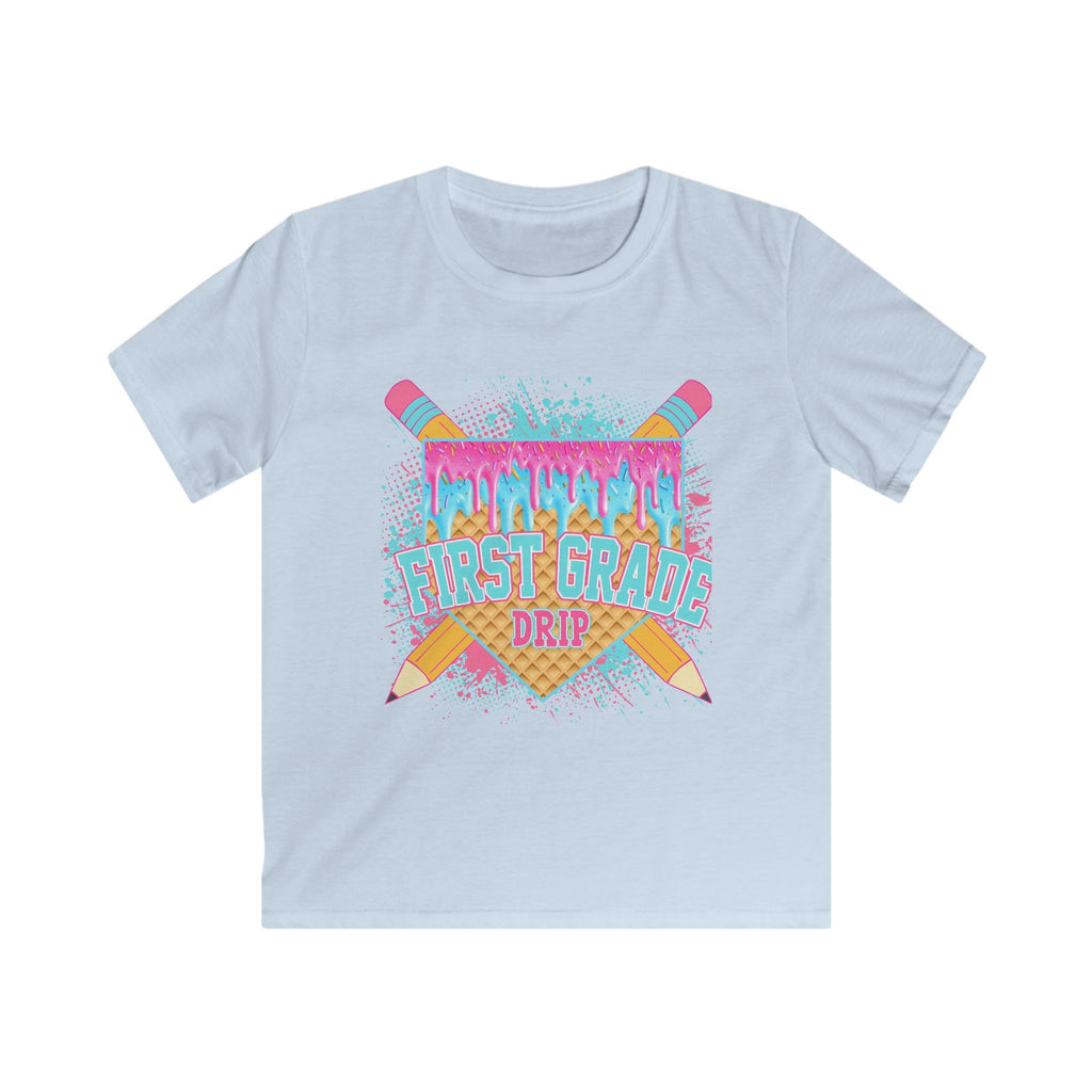 First Grade Drip Kids T-Shirt – Colorful Back-to-School Pencil Design