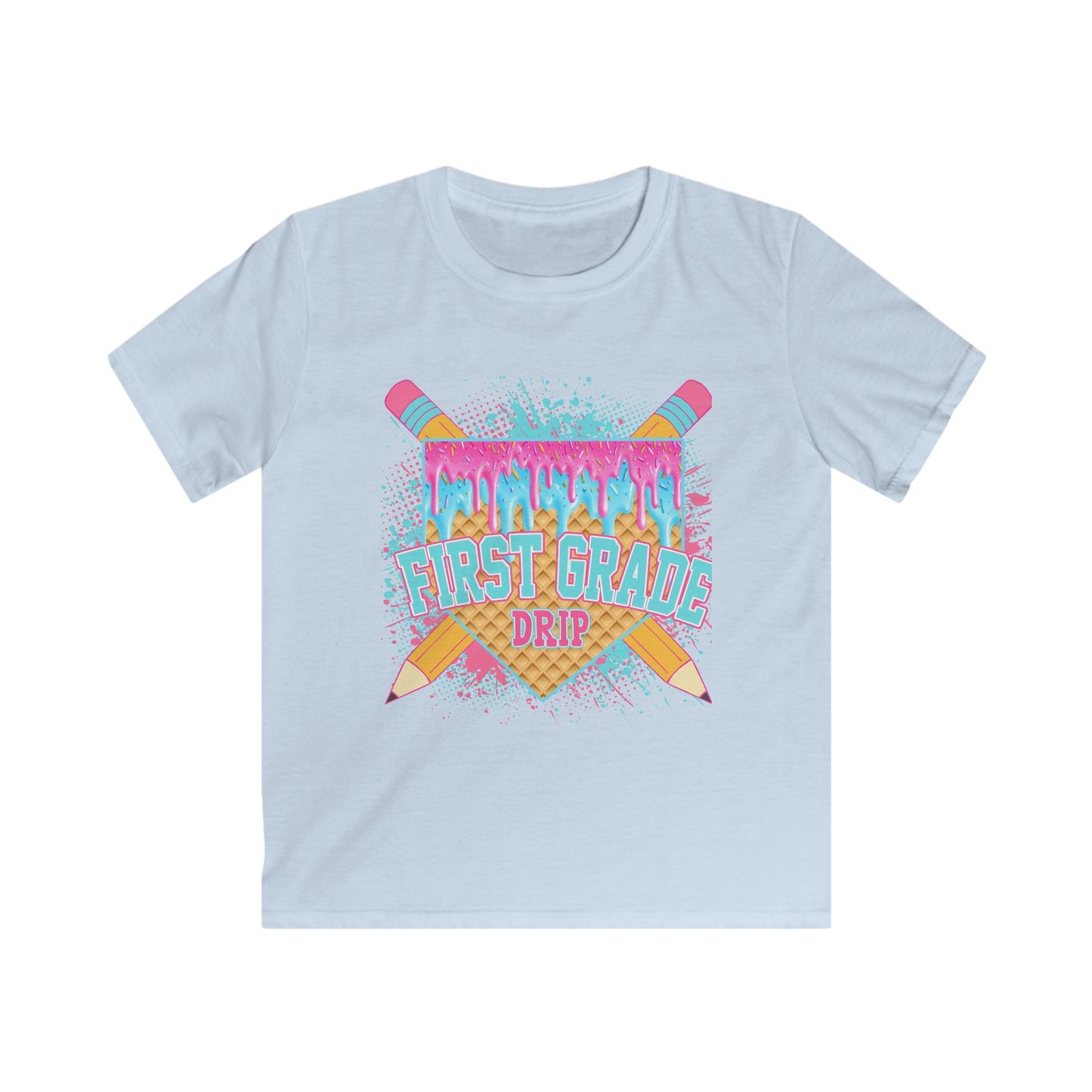 First Grade Drip Kids T-Shirt – Colorful Back-to-School Pencil Design
