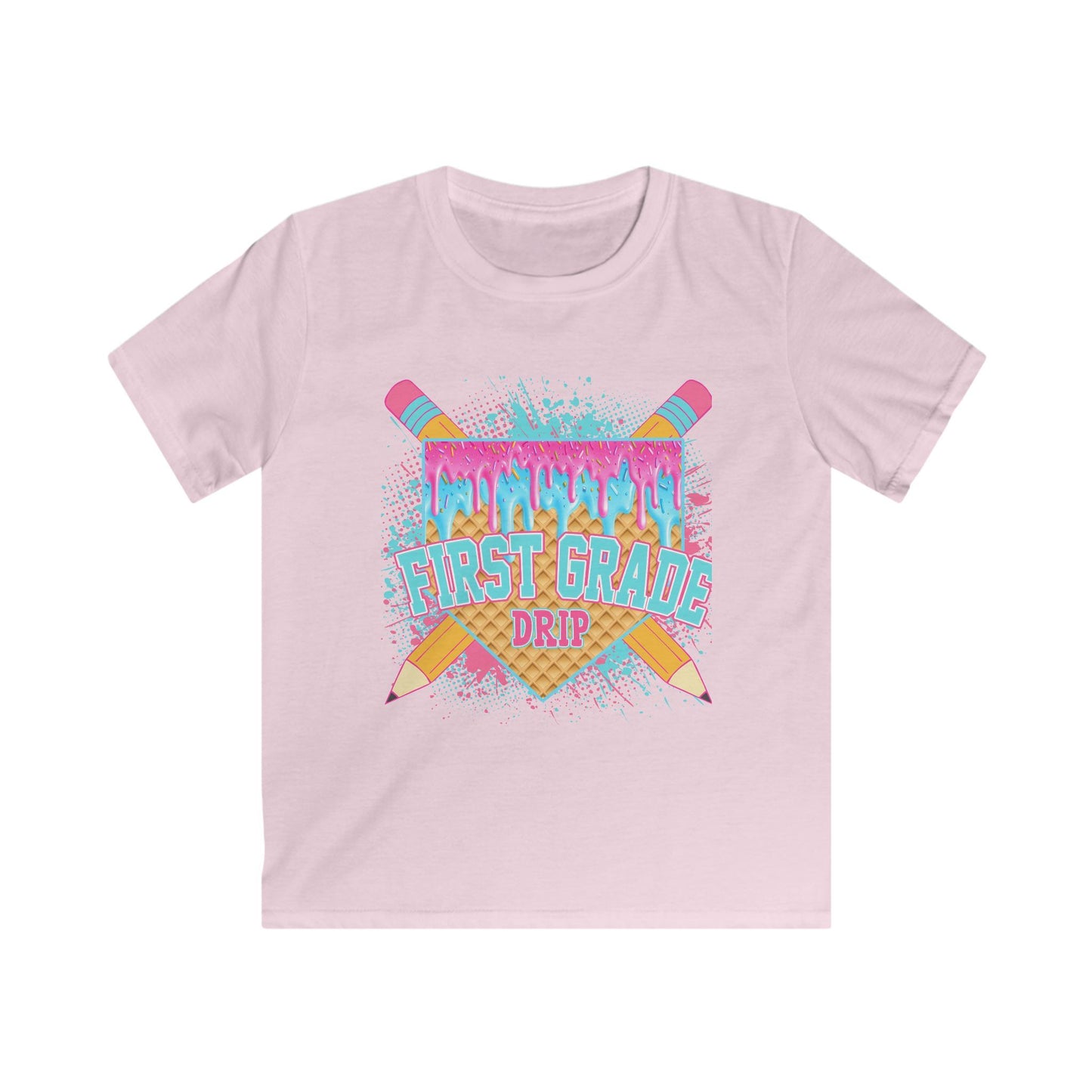First Grade Drip Kids T-Shirt – Colorful Back-to-School Pencil Design