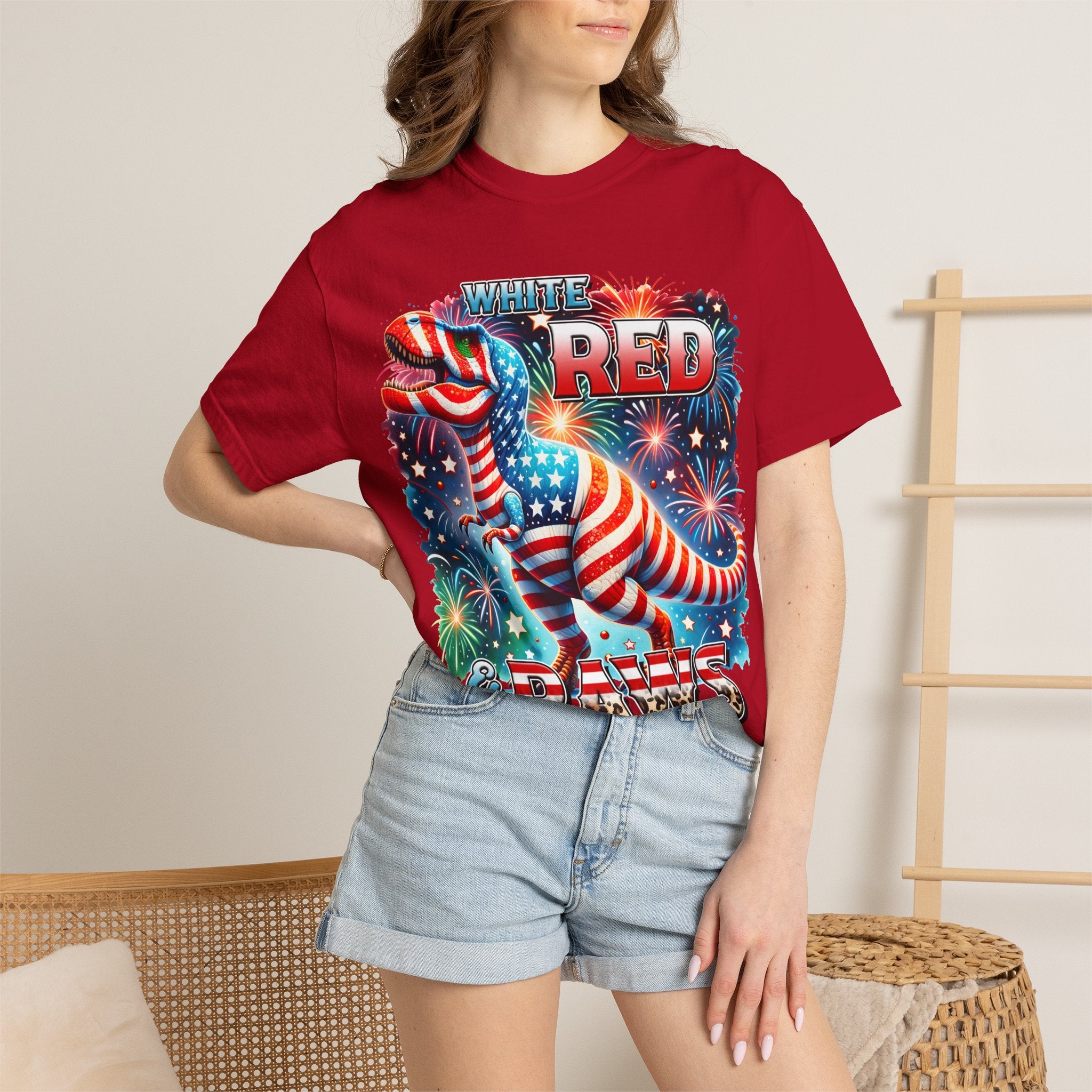 T-Shirt — "White, Red & Raws" Patriotic USA Dinosaur Fireworks Tee