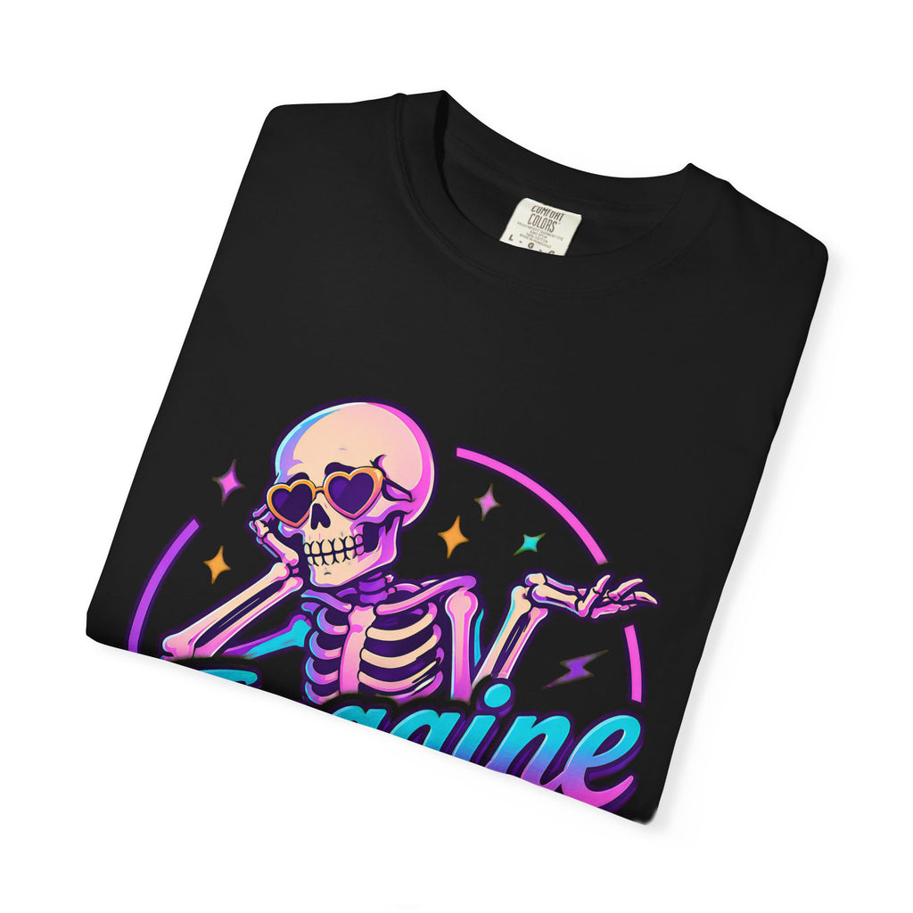 Imagine Caring More T-Shirt — Retro Neon Skeleton Graphic Tee