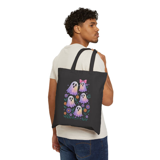 Halloween Ghosts & Pumpkin Tote Bag — Cute Pastel Ghosts & Bow Pumpkin Canvas Tote