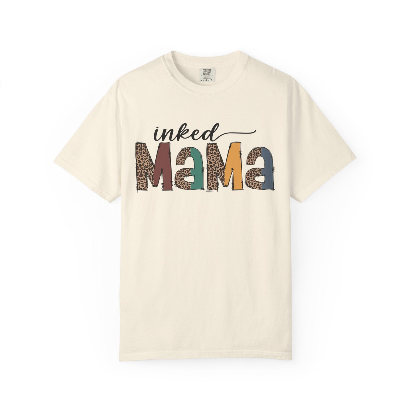 Inked Mama Graphic T-Shirt — Leopard & Patchwork Letters, Tattoo Mom Gift