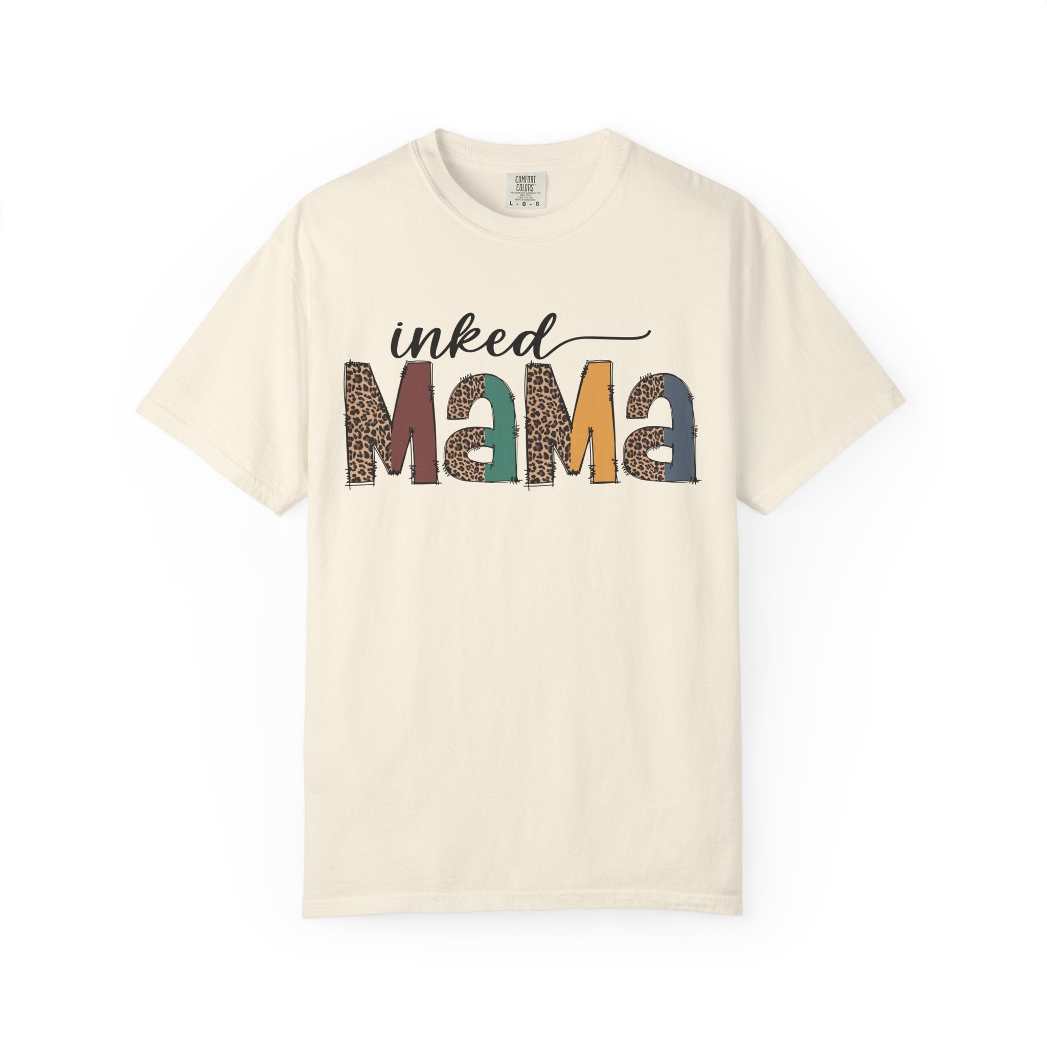 Inked Mama Graphic T-Shirt — Leopard & Patchwork Letters, Tattoo Mom Gift