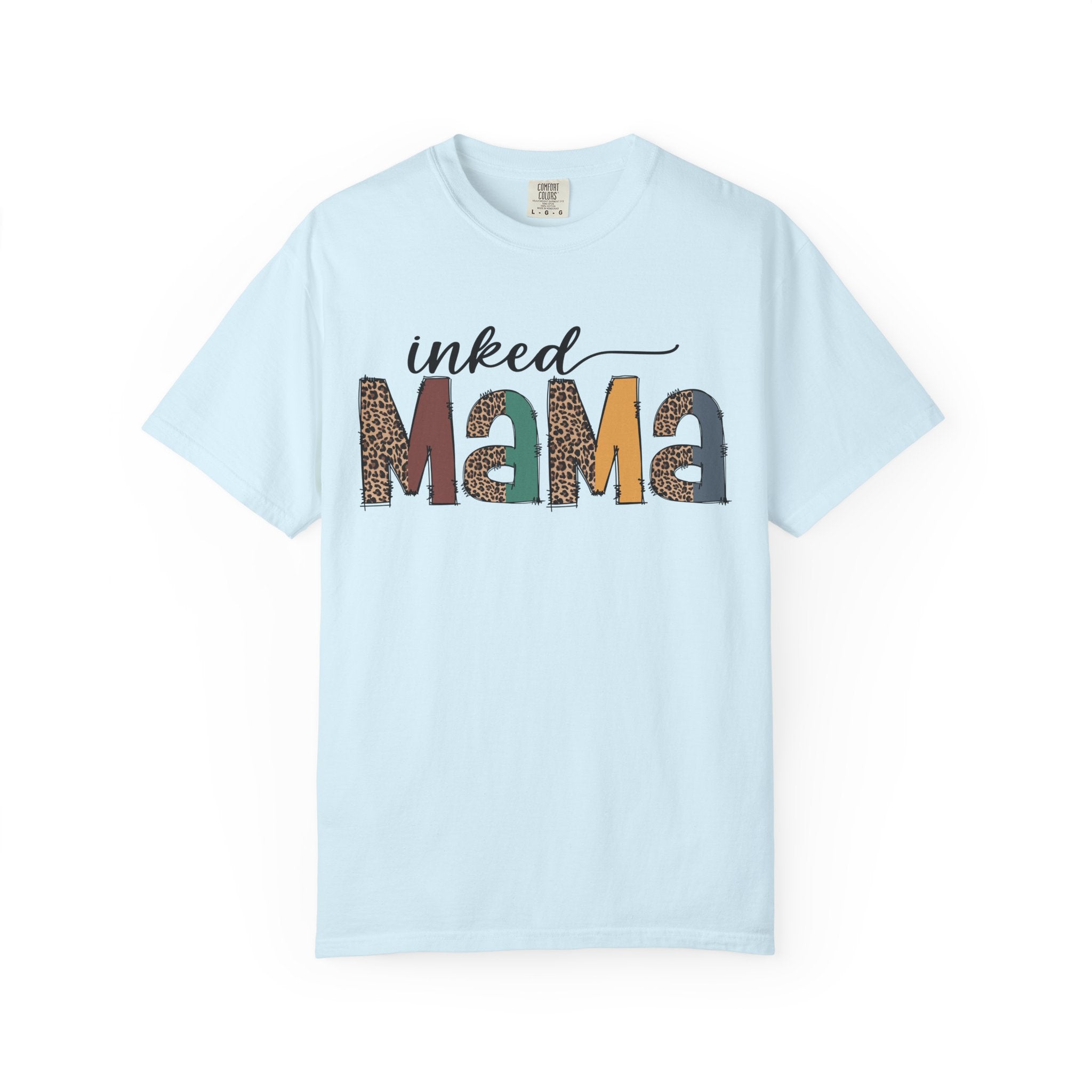 Inked Mama Graphic T-Shirt — Leopard & Patchwork Letters, Tattoo Mom Gift