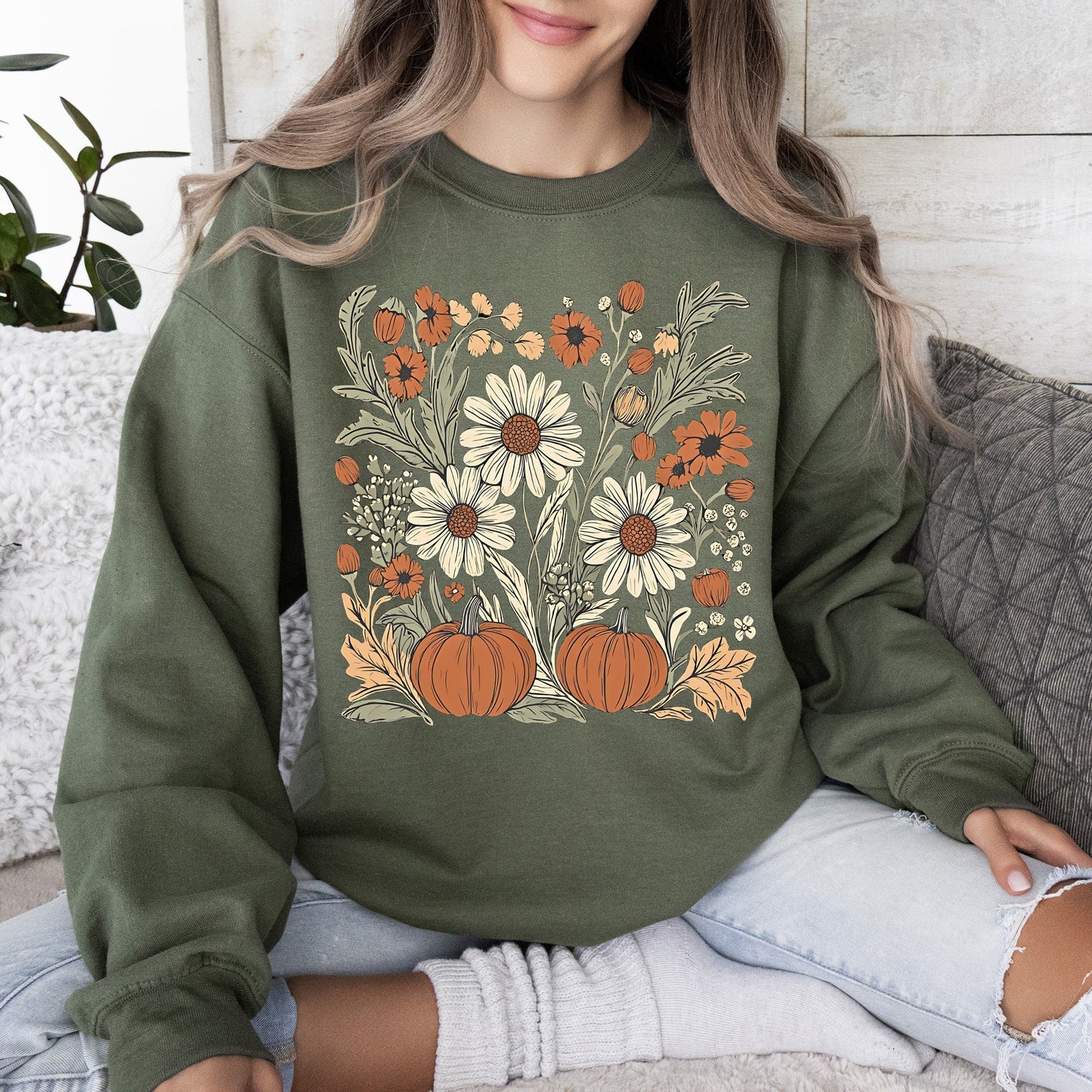 Autumn Botanical Floral Pressed Flowers Pumpkins Thanksgiving Season Cozy Sweatshirt