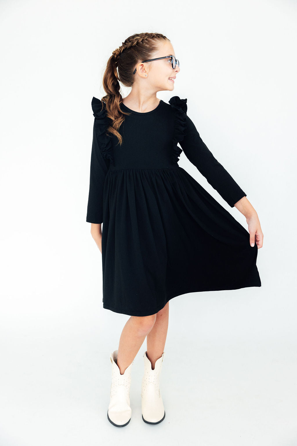 Black L/S Ruffle Twirl Dress