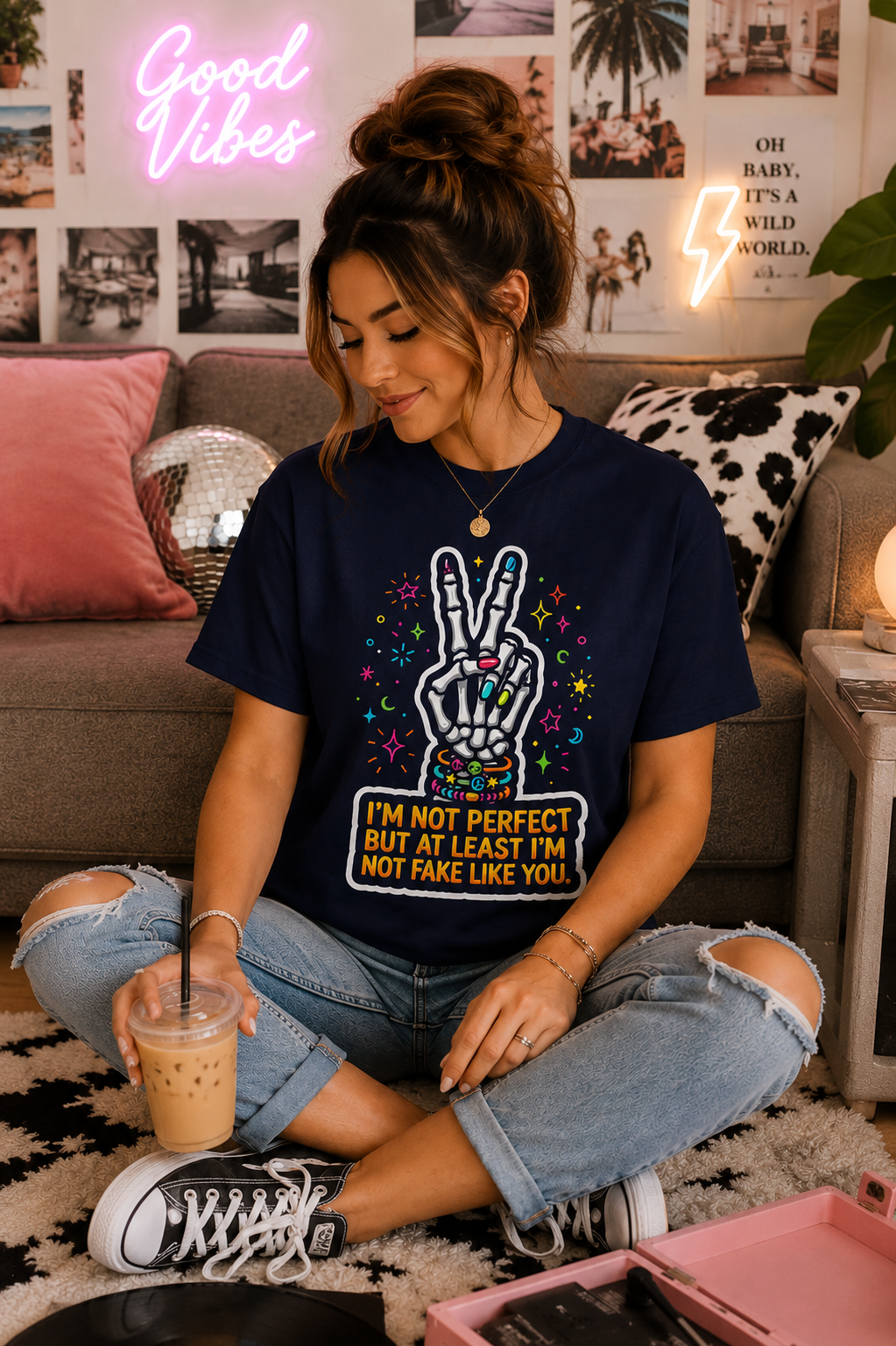 Skeleton Peace Sign T-Shirt — "I’m Not Perfect But At Least I’m Not Fake Like You" Graphic Tee