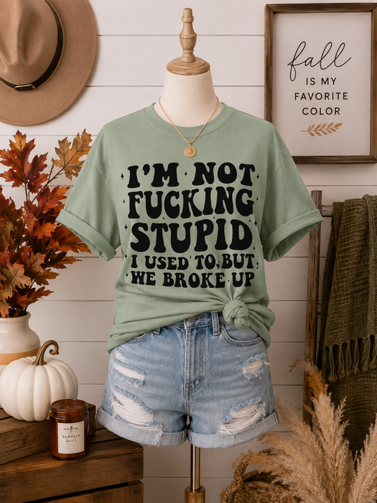 Provocative Graphic T-Shirt — "I'm Not Fucking Stupid, I Used To But We Broke Up"