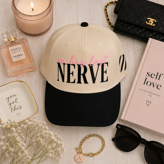 On His Last Nerve Black Embroidered Snapback Hat | Funny Wife Trucker Cap