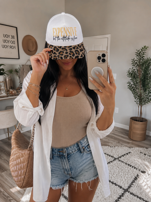 Expensive, But the Attitude Is Free Embroidered Snapback Hat | Cheetah Brim