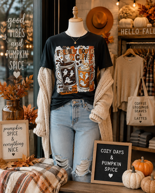Freshly Boo'd Coffee Halloween T-Shirt — Cute Ghost Latte Graphic Tee