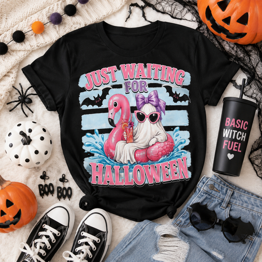Halloween Flamingo T-Shirt — "Just Waiting for Halloween" Cute Spooky Summer Vibe