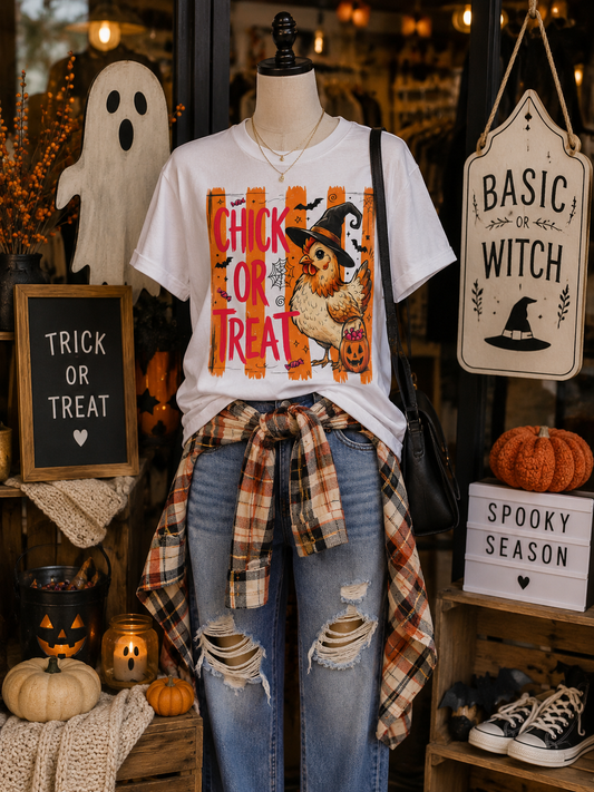Halloween Chick T-Shirt – "Chick or Treat" Witch Chicken Pumpkin Tee