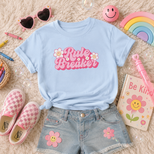 Kids Tee — "Rule Breaker" Pink Retro Flower Graphic