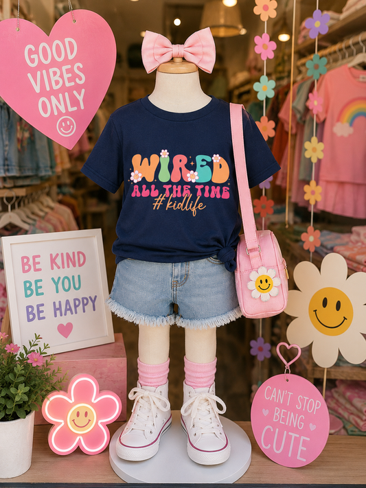 Kids Tee — "Wired All The Time" Bright Retro Graphic