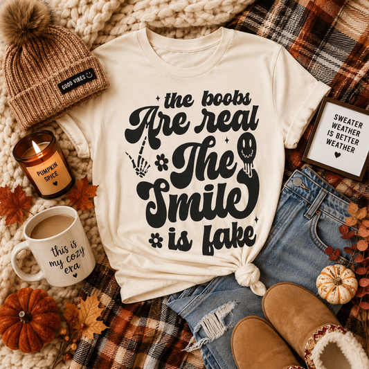 T-Shirt – "The Books Are Real, The Smile Is Fake" Vintage Script Literary Tee