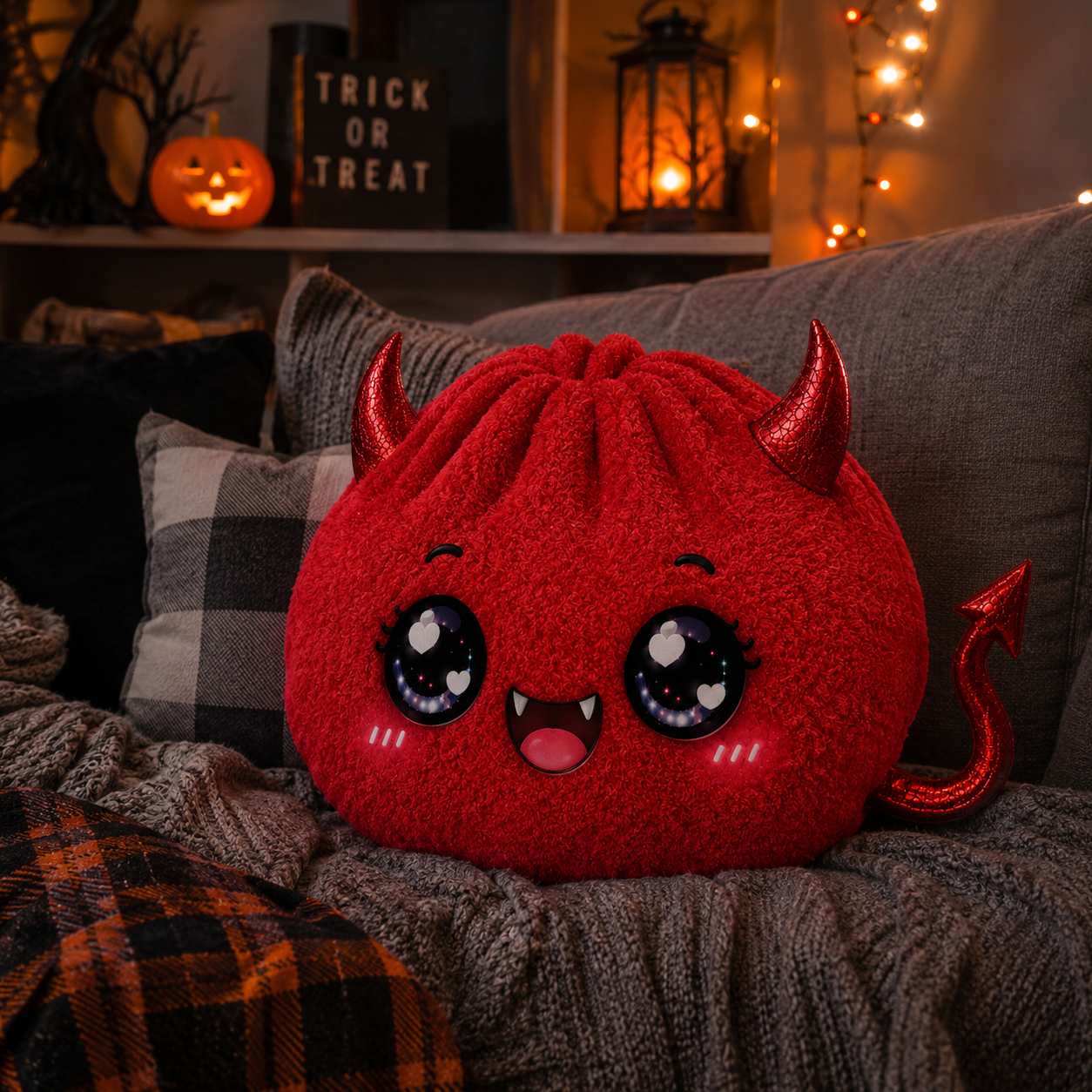 Cute Red Devil Plush Pillow — Kawaii Devil Face Custom Shaped Pillow