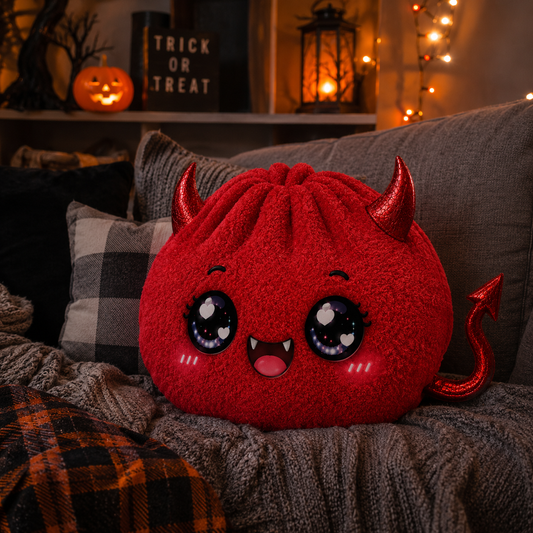 Cute Red Devil Plush Pillow — Kawaii Devil Face Custom Shaped Pillow