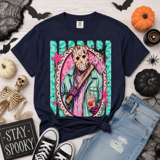 Hockey Mask Horror Graphic T-Shirt — Retro Pastel Jason Design
