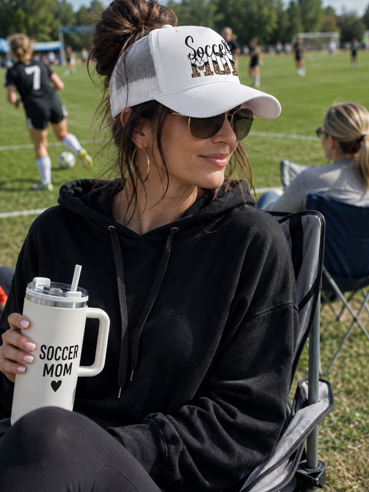 Soccer Mom Trucker Hat — Leopard Print Soccer Ball Foam Cap