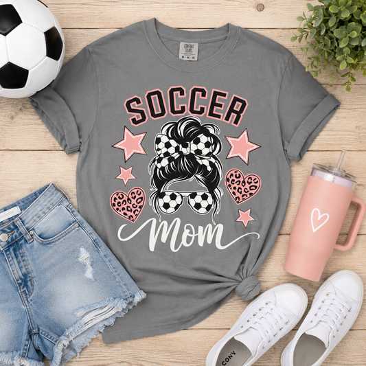 Soccer Mom Pink Leopard Messy Bun Graphic T-Shirt