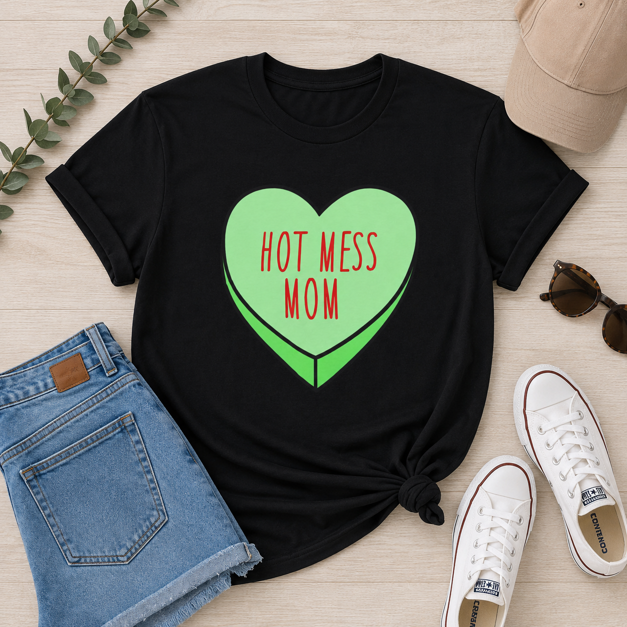 Hot Mess Mom Boxy Tee — Funny Mom T‑Shirt, Retro Candy Heart Design
