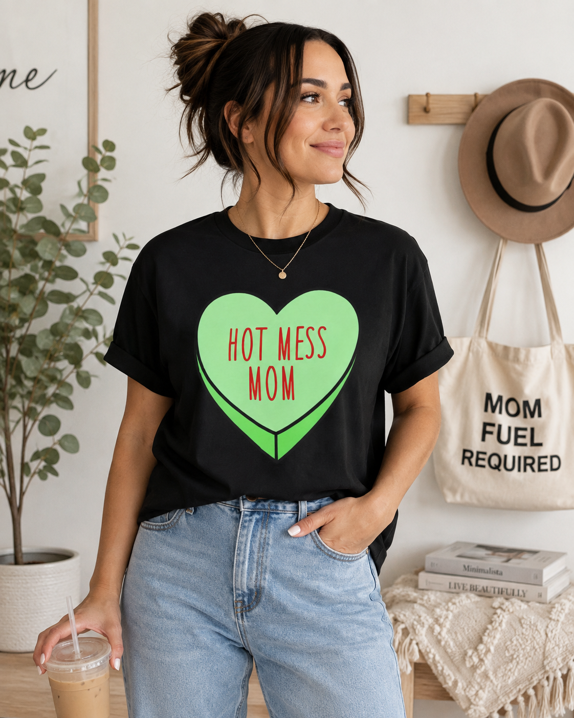 Hot Mess Mom Boxy Tee — Funny Mom T‑Shirt, Retro Candy Heart Design