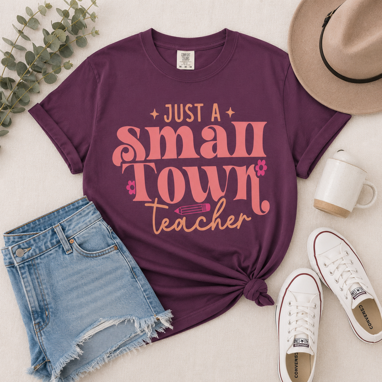 Just a Small Town Teacher T-Shirt — Retro Pink Teacher Gift