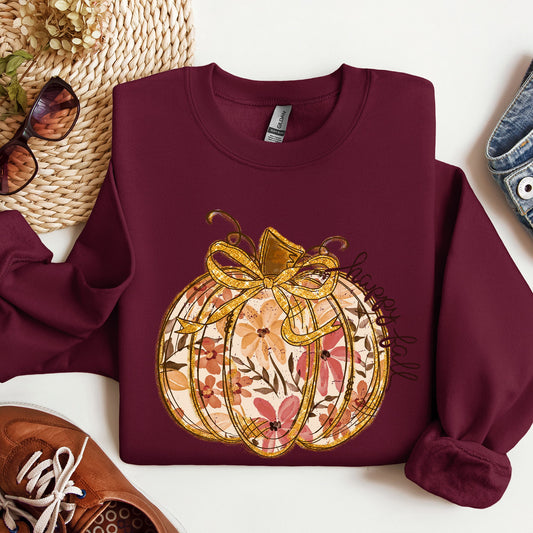 Floral Pumpkin Happy Fall Flowers Autumn Thanksgiving Harvest Graphic Sweatshirt