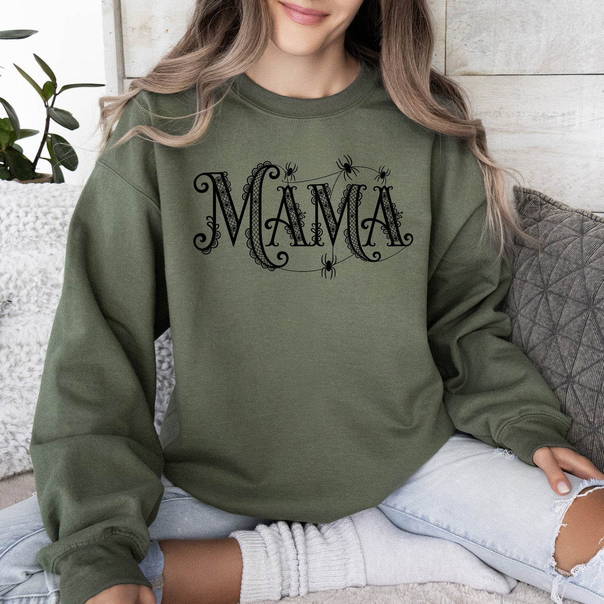 Mama Lace Spiders Halloween Ghost Checkered Retro Vintage Spooky Costume Fall Sweatshirt