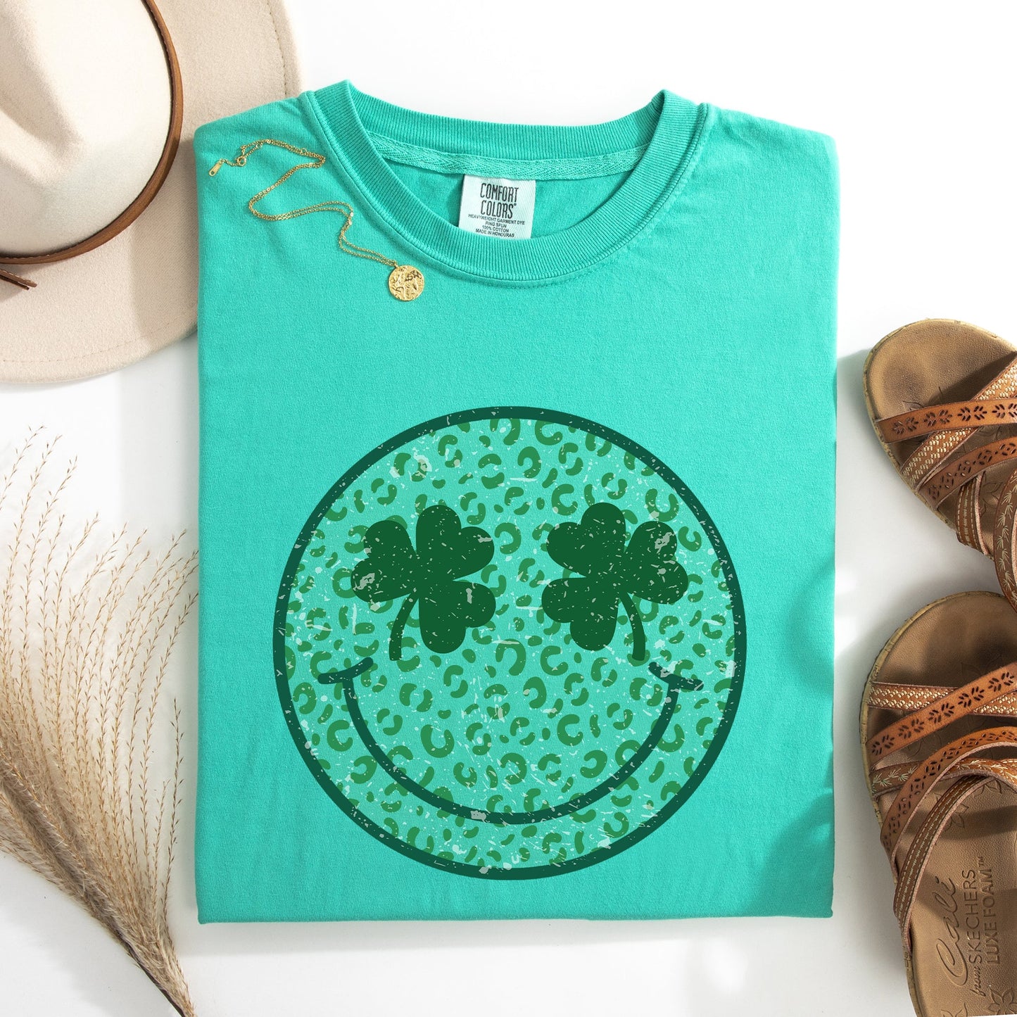 Leopard Print Smiley Retro St Patrick's Day Shamrock Clover Lucky Leprechaun Comfort Colors Tee