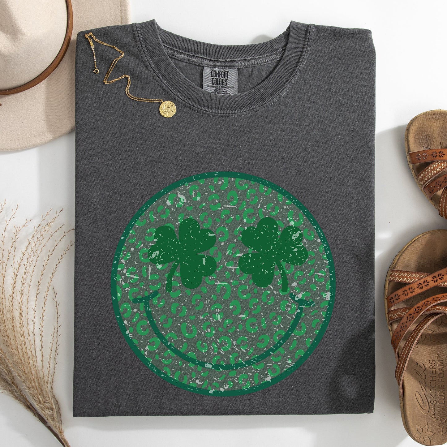 Leopard Print Smiley Retro St Patrick's Day Shamrock Clover Lucky Leprechaun Comfort Colors Tee