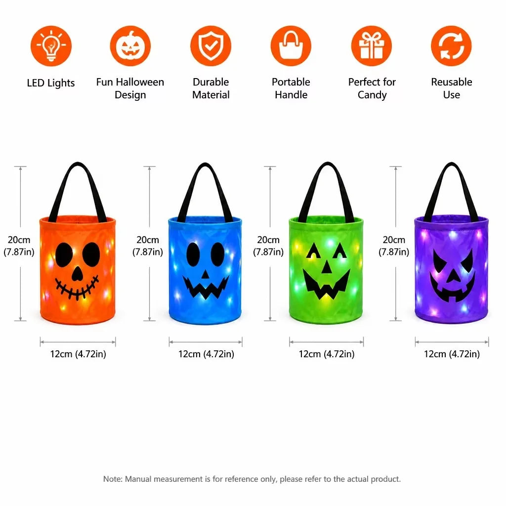 Halloween Luminous Pumpkin Candy Bucket, Hand-Held LED Fabric Candy Bag, Holiday Party Decoration Gift