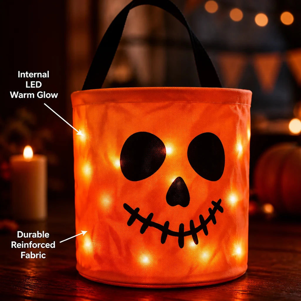 Halloween Luminous Pumpkin Candy Bucket, Hand-Held LED Fabric Candy Bag, Holiday Party Decoration Gift
